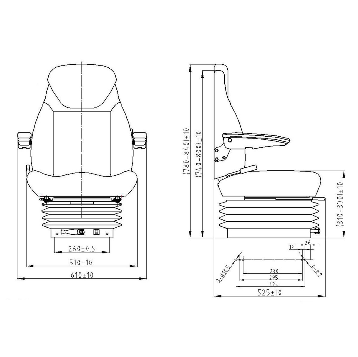 Scaun universal reglabil pentru tractor cu centura de siguranta, cotiere si suspensie mecanica 840x600mm